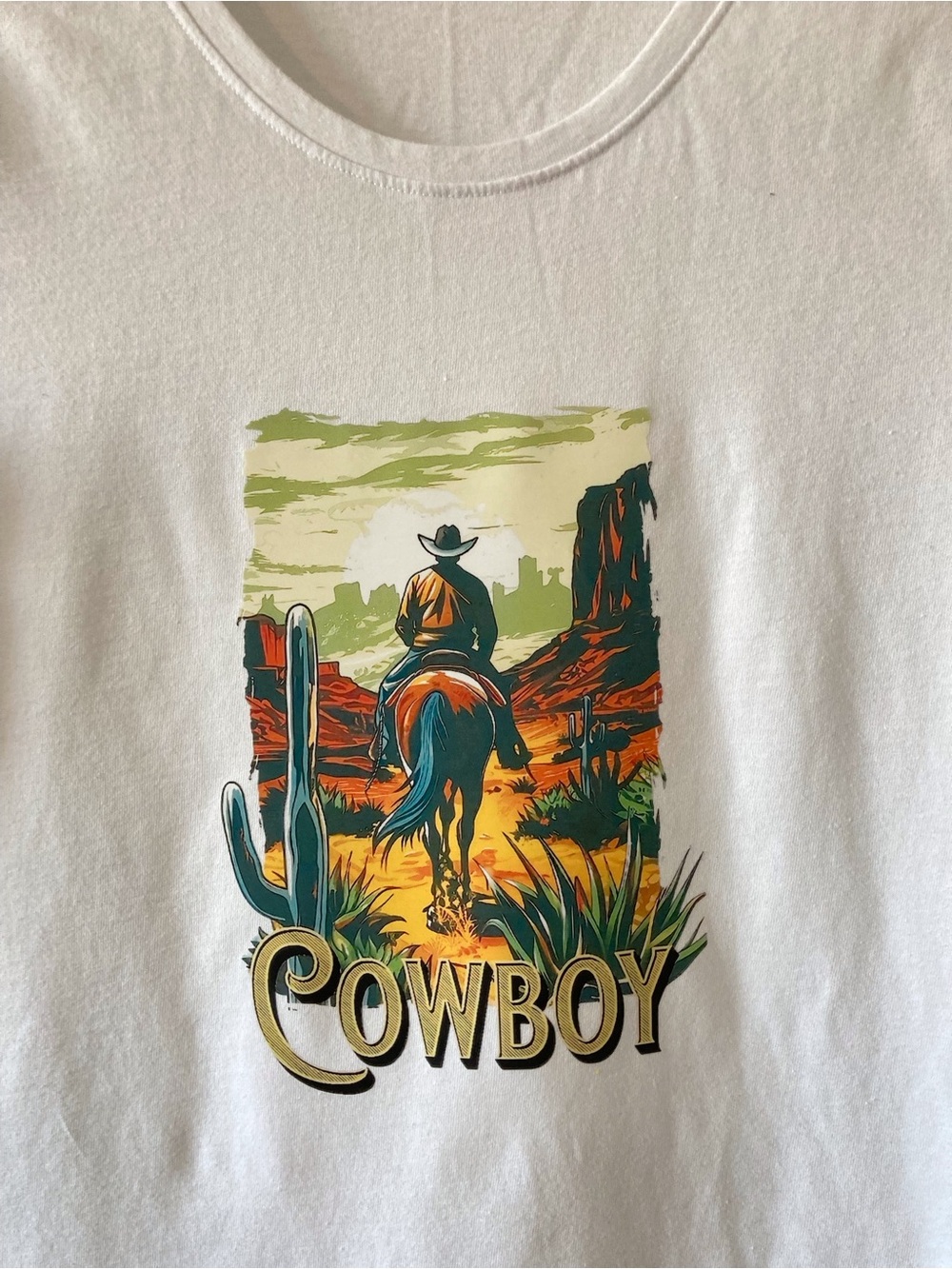 Handcrafted Cowboy Graphic Tee – Upcycled Womens Tee Shirt (XL)